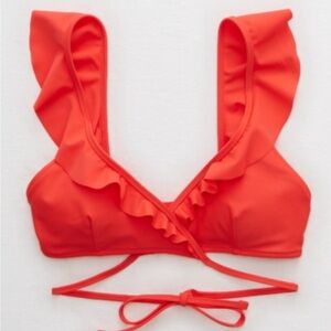 Aerie Bright Red Ruffle Scoop Bikini Top